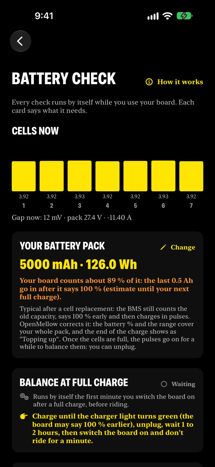 Battery check: seven cells at 3.92 volts, 12 mV gap, 5000 mAh pack