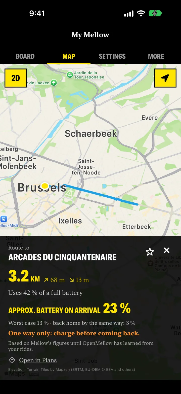 Route to the Cinquantenaire arches: 3.2 km, +68 m, about 23 % battery on arrival