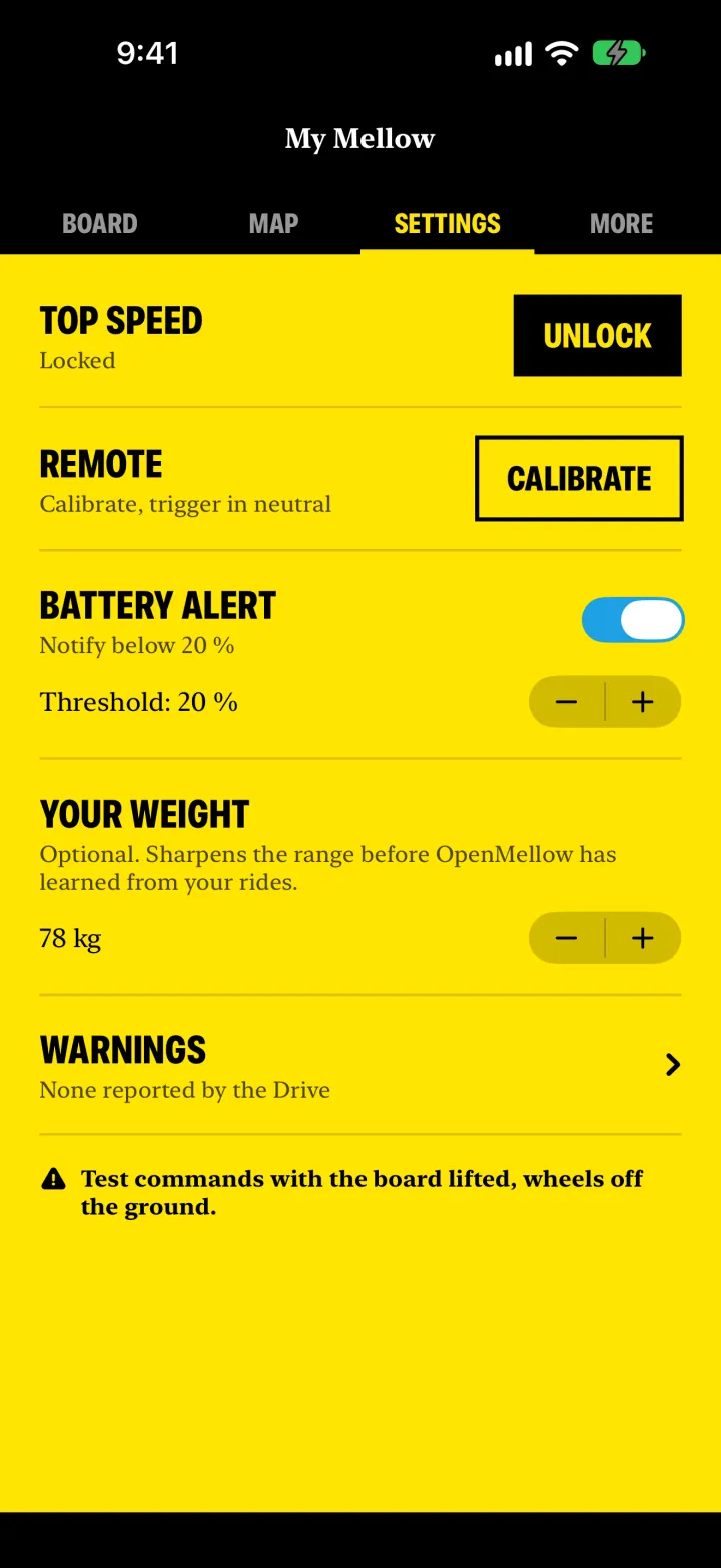 Settings: top speed unlock, remote calibration, battery alert at 20 %, your weight